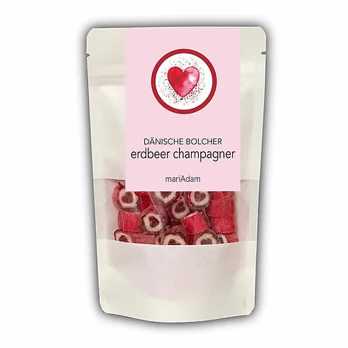 MARI ADAM Erdbeer Champagner Herzen , handgemachte Dänische Bolcher 100 g Beutel